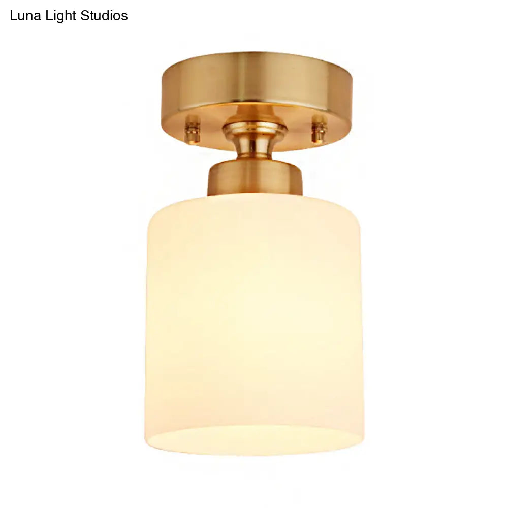 Traditional Gold Cylinder Glass Flush Fixture - 1 Light Living Room Ceiling