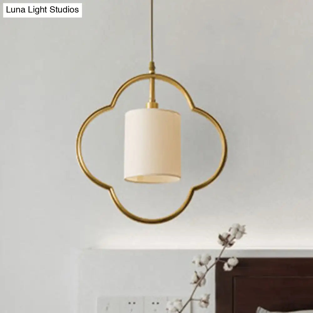 Traditional Gold Cylinder Pendant Ceiling Light With Fabric Shade - 1 Hanging Lamp For Living Room