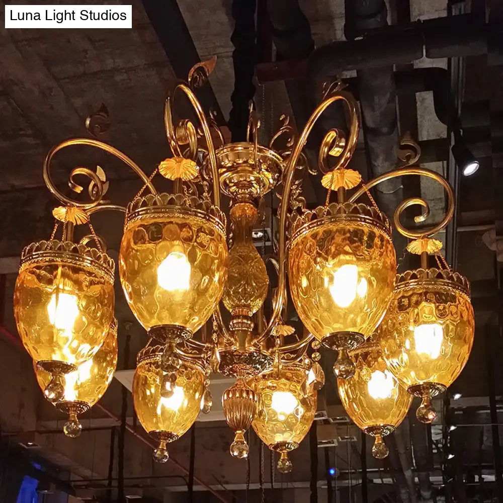 Traditional Gold Dimpled Glass Urn Pendant Chandelier Ceiling Light 8 Bulbs - Perfect For