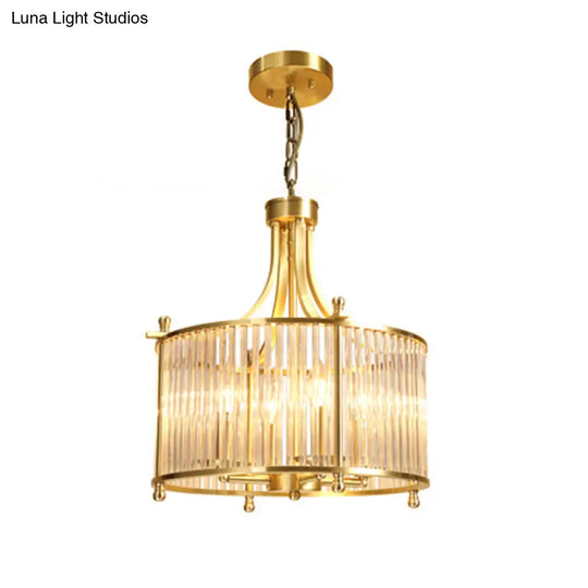 Traditional Gold Drum Chandelier - Clear Glass Rods 4-Light Dining Room Pendant