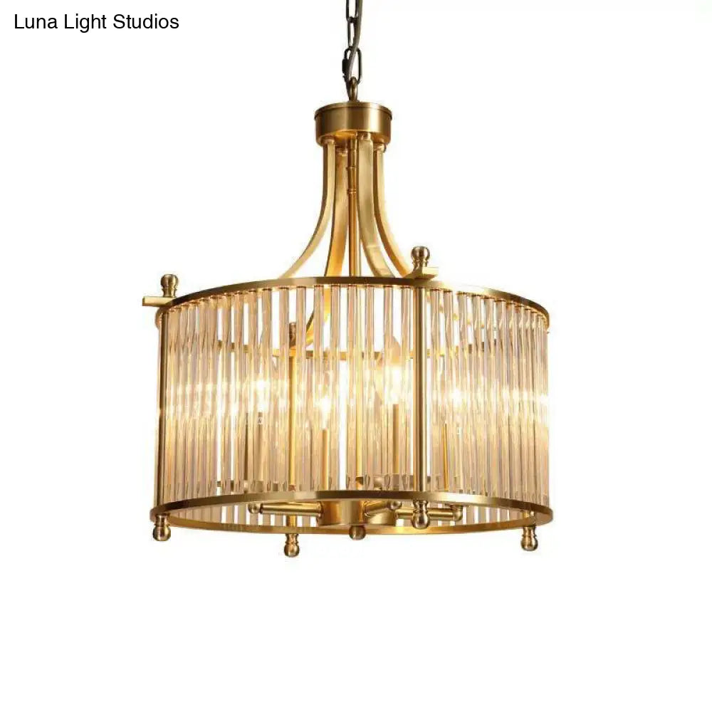 Traditional Gold Drum Chandelier - Clear Glass Rods 4-Light Dining Room Pendant