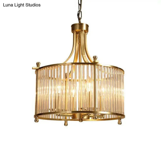 Traditional Gold Drum Chandelier - Clear Glass Rods 4-Light Dining Room Pendant