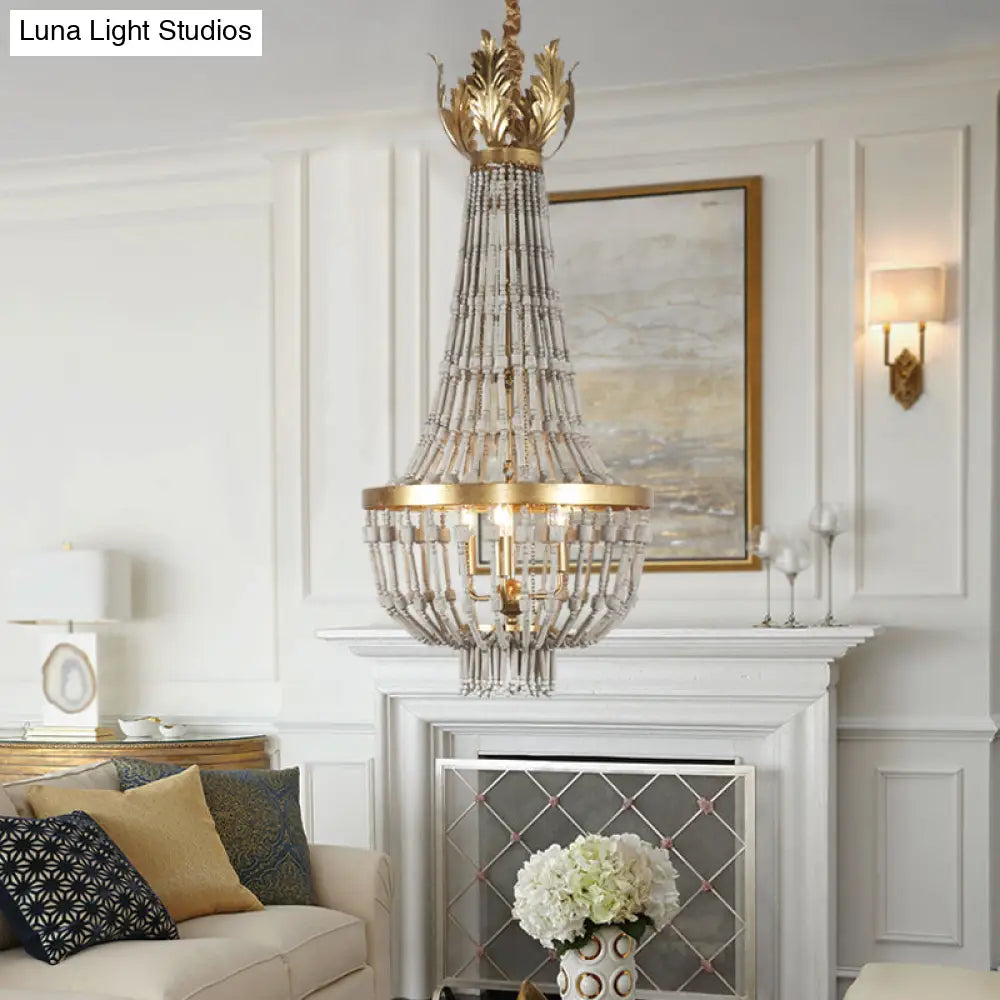 Traditional Gold Empire Style Hanging Chandelier Light Fixture With Wood Strand Details And 3 Lights