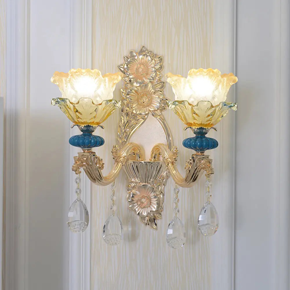 Traditional Gold Finish Crystal Floral Wall Lamp Fixture - Half-Bulb Mounted Lighting 2 /