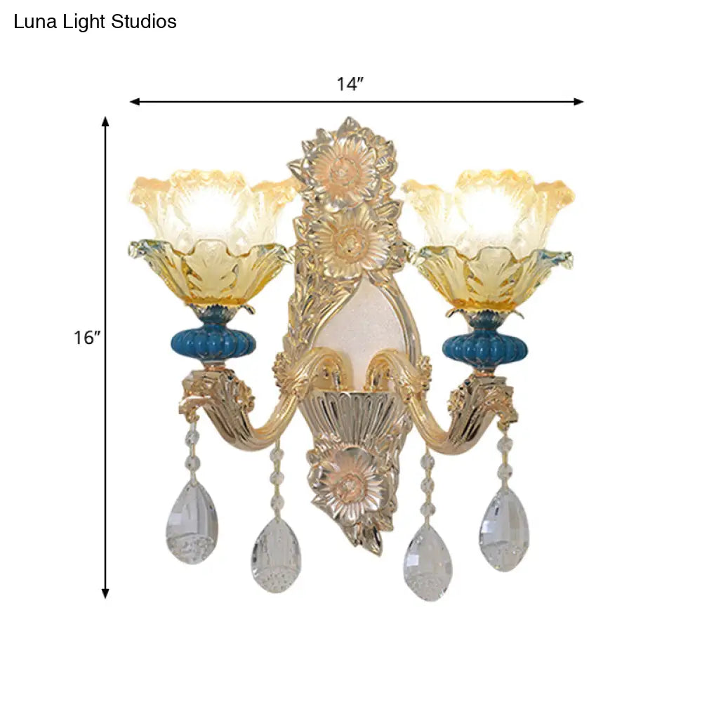 Traditional Gold Finish Crystal Floral Wall Lamp Fixture - Half-Bulb Mounted Lighting