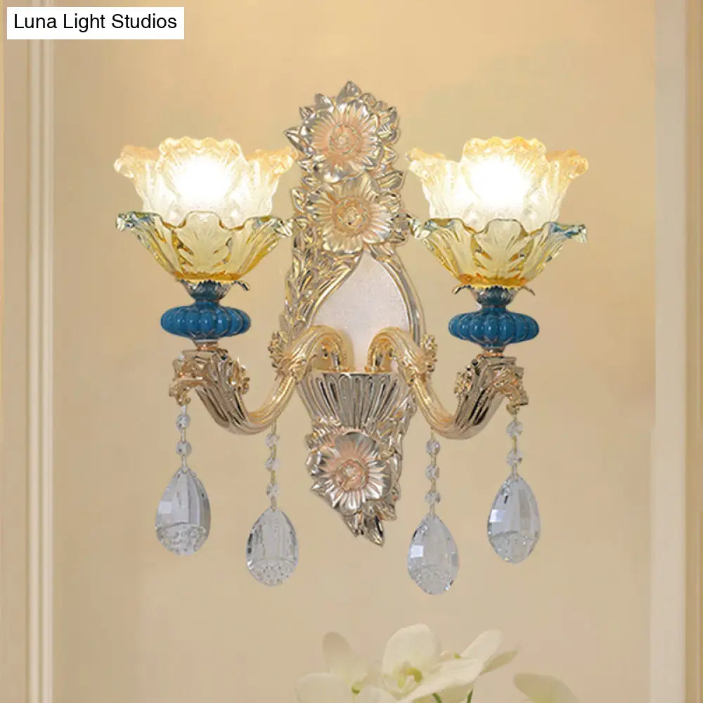 Traditional Gold Finish Crystal Floral Wall Lamp Fixture - Half-Bulb Mounted Lighting