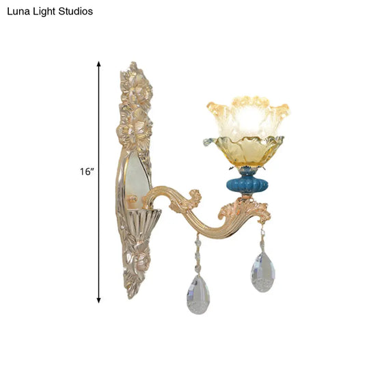 Traditional Gold Finish Crystal Floral Wall Lamp Fixture - Half-Bulb Mounted Lighting