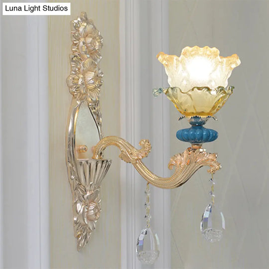 Traditional Gold Finish Crystal Floral Wall Lamp Fixture - Half-Bulb Mounted Lighting