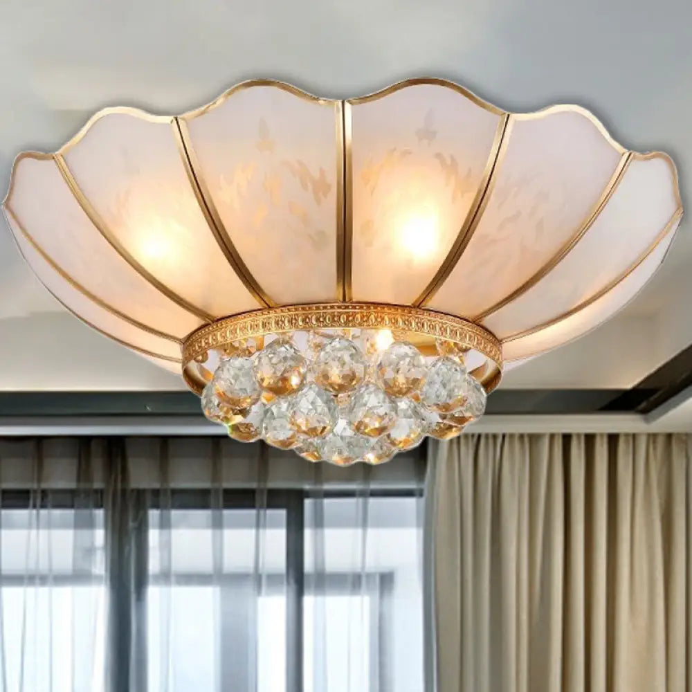 Traditional Gold Flared Flush Mount Ceiling Light With Crystal Accent 6 Lights And Beveled Glass