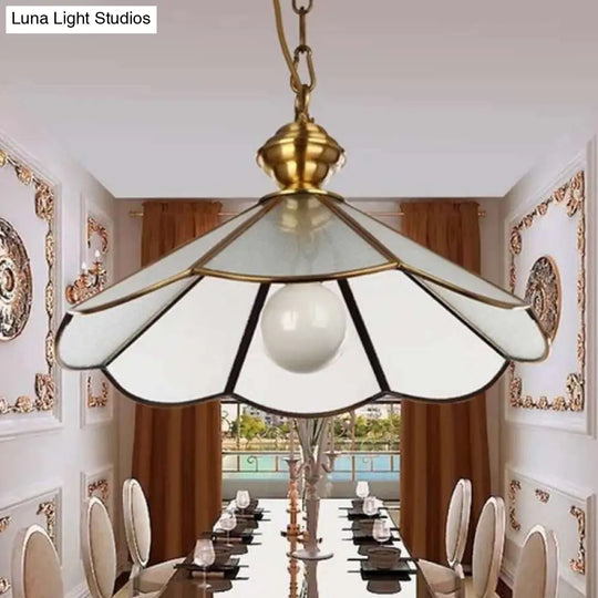 Traditional Gold Flared Suspension Pendant Lamp With Frosted Glass For Dining Room