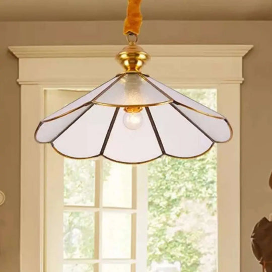 Traditional Gold Flared Suspension Pendant Lamp With Frosted Glass For Dining Room