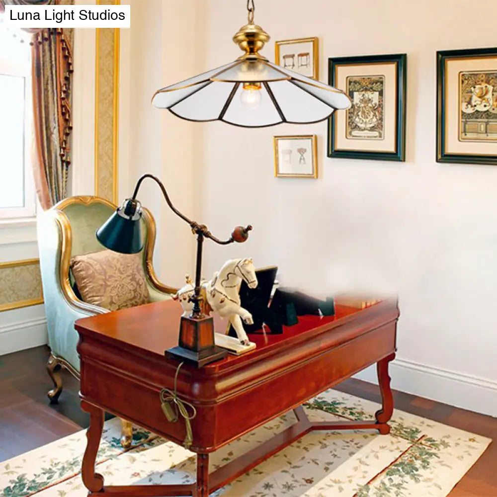 Traditional Gold Flared Suspension Pendant Lamp With Frosted Glass For Dining Room