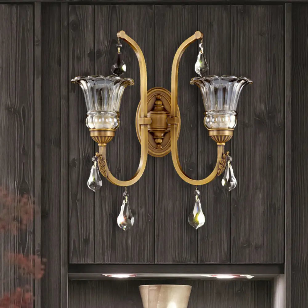 Traditional Gold Floral Glass Sconce With Crystal Accent - Elegant Wall Mounted Light For Living