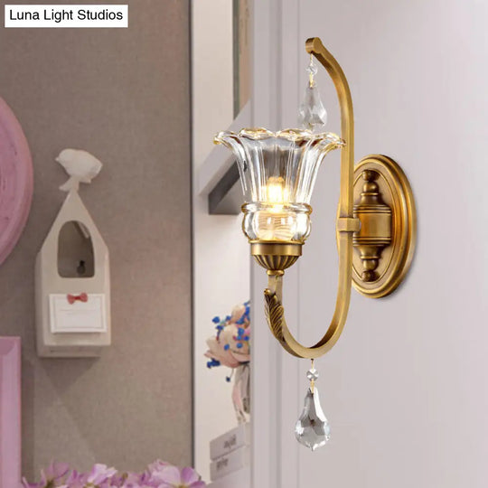 Traditional Gold Floral Glass Sconce With Crystal Accent - Elegant Wall Mounted Light For Living