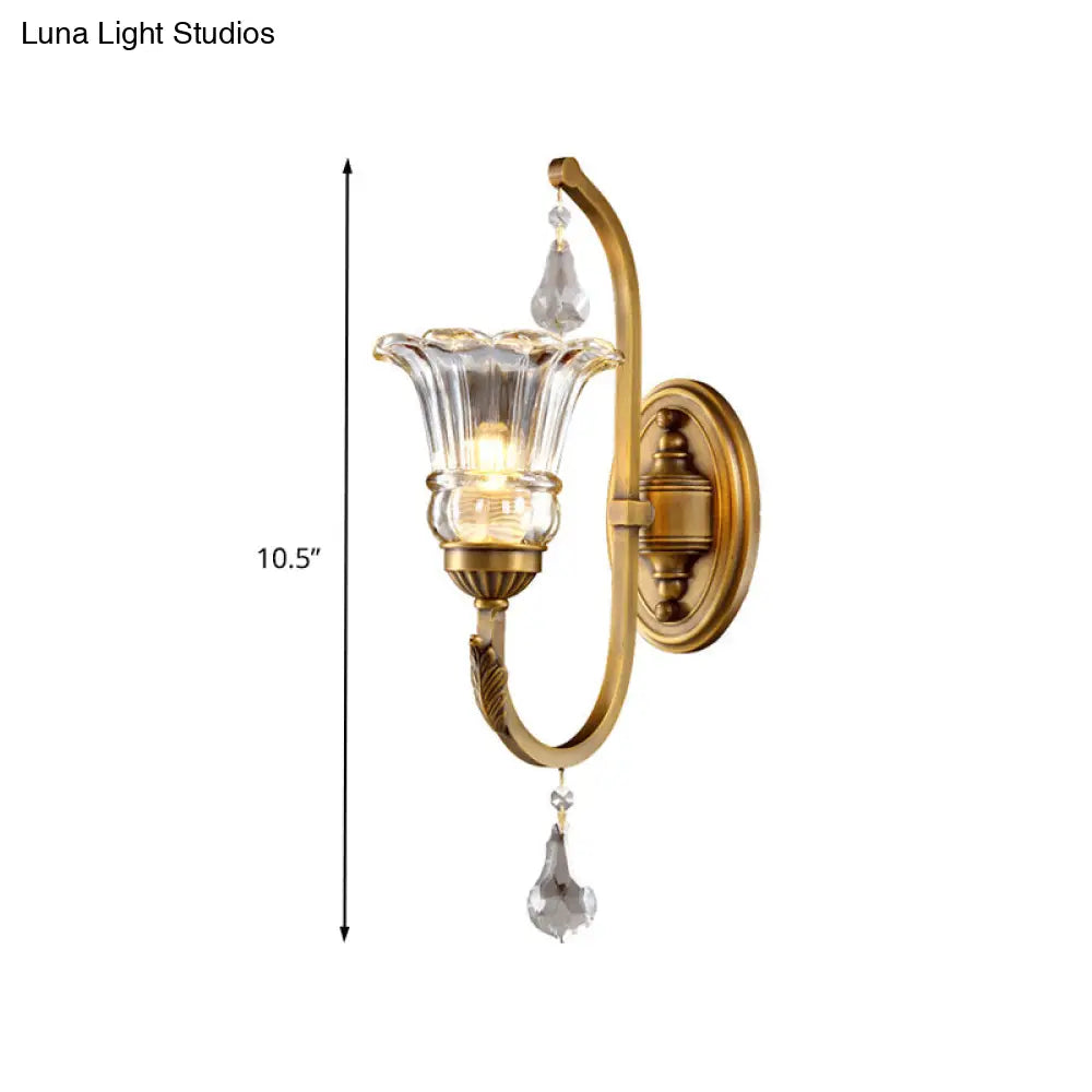 Traditional Gold Floral Glass Sconce With Crystal Accent - Elegant Wall Mounted Light For Living