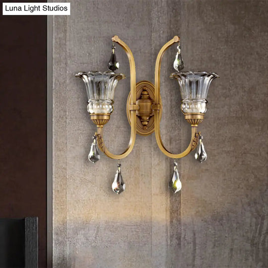 Traditional Gold Floral Glass Sconce With Crystal Accent - Elegant Wall Mounted Light For Living