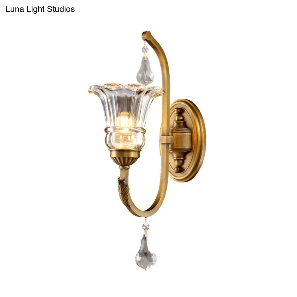 Traditional Gold Floral Glass Sconce With Crystal Accent - Elegant Wall Mounted Light For Living