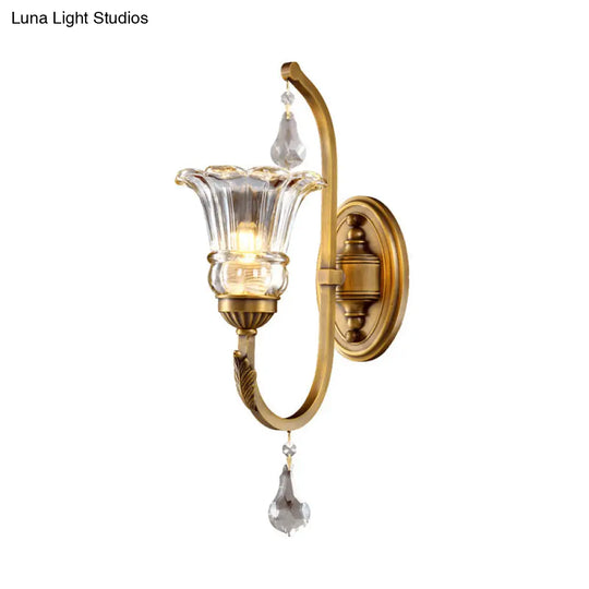 Traditional Gold Floral Glass Sconce With Crystal Accent - Elegant Wall Mounted Light For Living