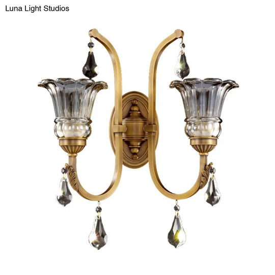 Traditional Gold Floral Glass Sconce With Crystal Accent - Elegant Wall Mounted Light For Living