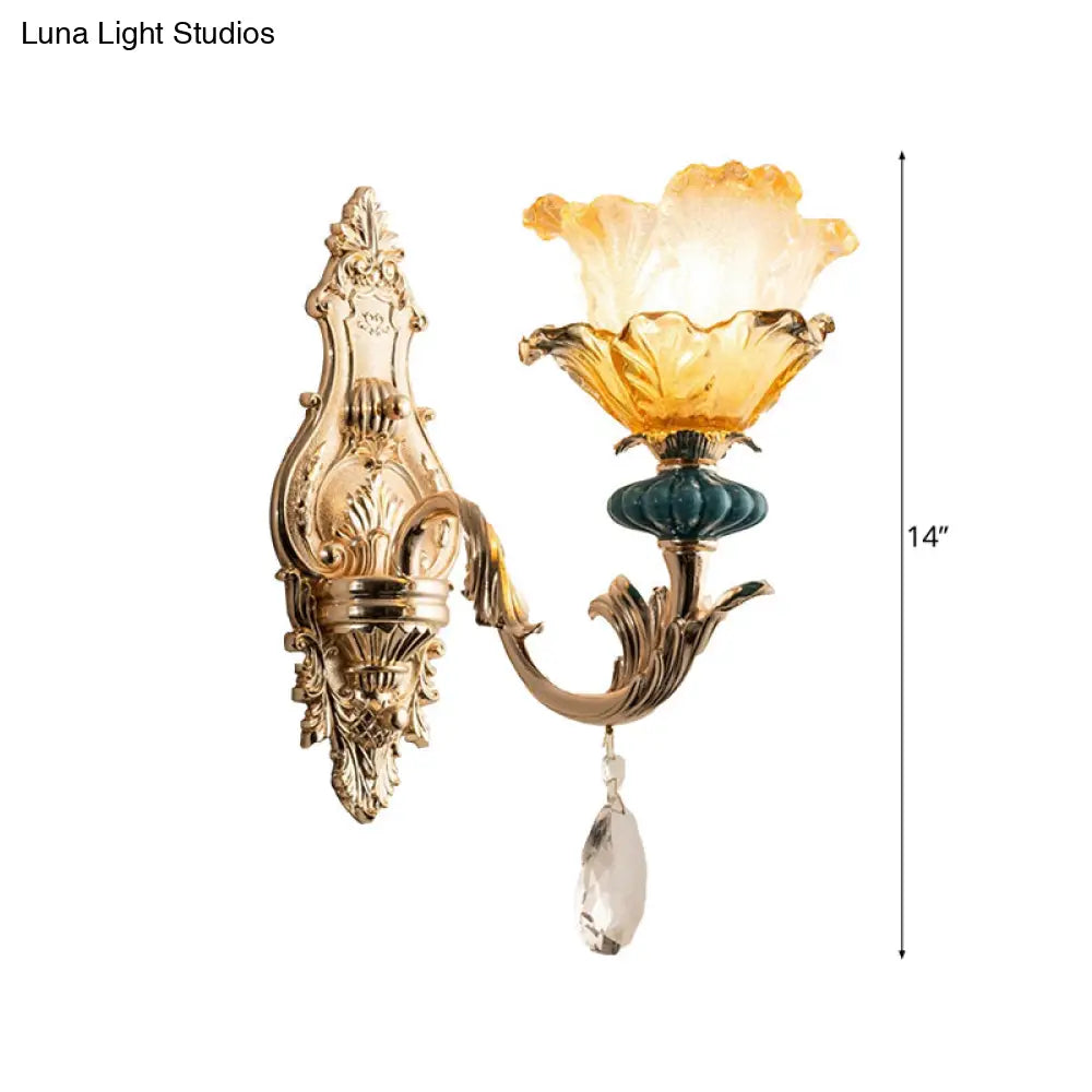 Traditional Gold Floral Shade Wall Mounted Lamp With Amber Crystal Accent - 1 Light Bedside Lighting