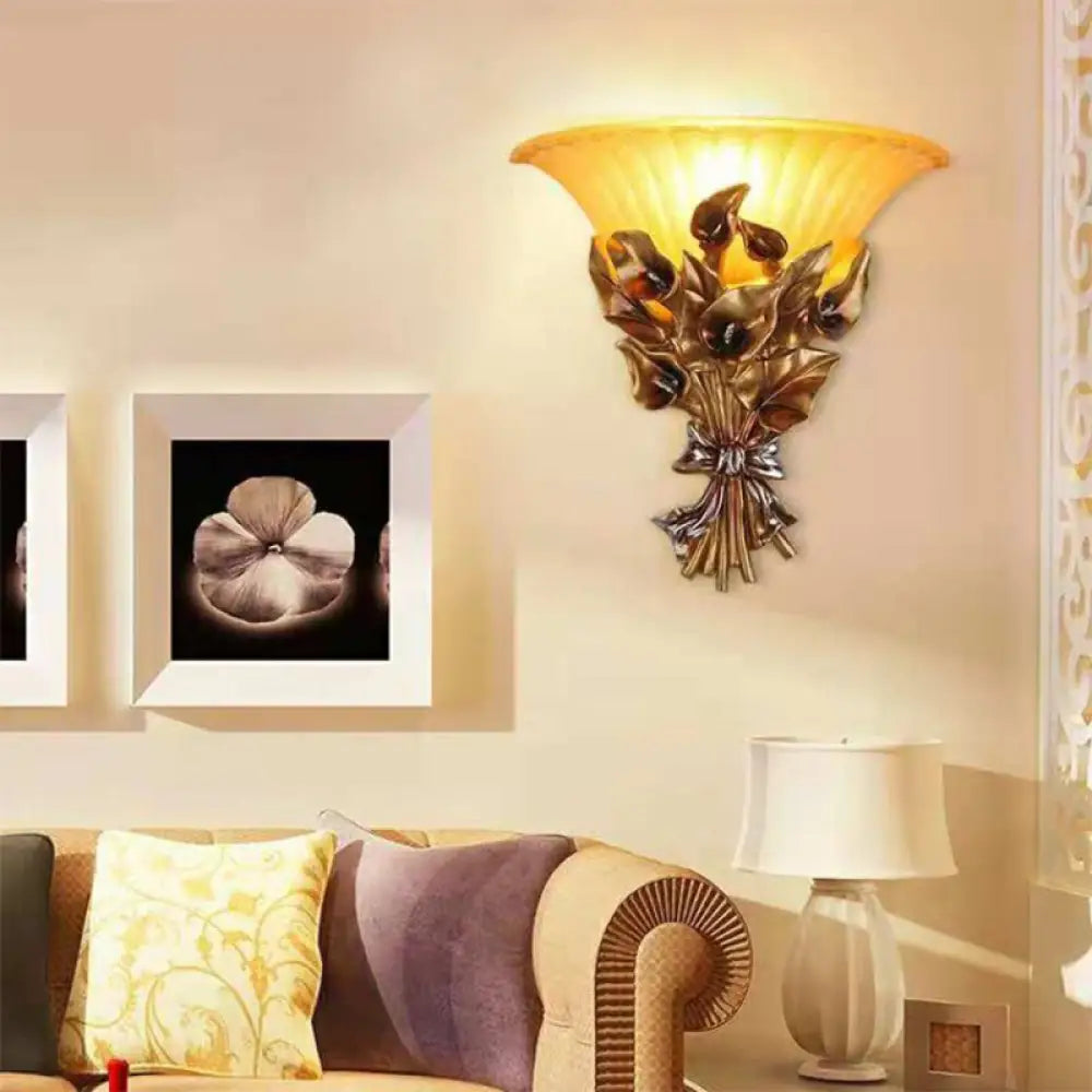 Traditional Gold Floral Wall Sconce With Flared Glass Shade For Living Room