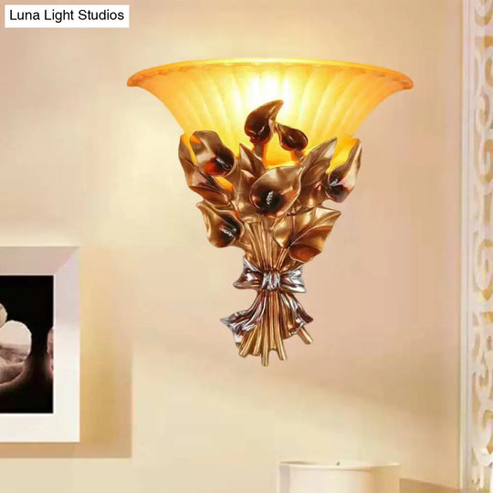 Traditional Gold Floral Wall Sconce With Flared Glass Shade For Living Room