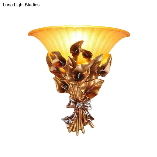 Traditional Gold Floral Wall Sconce With Flared Glass Shade For Living Room