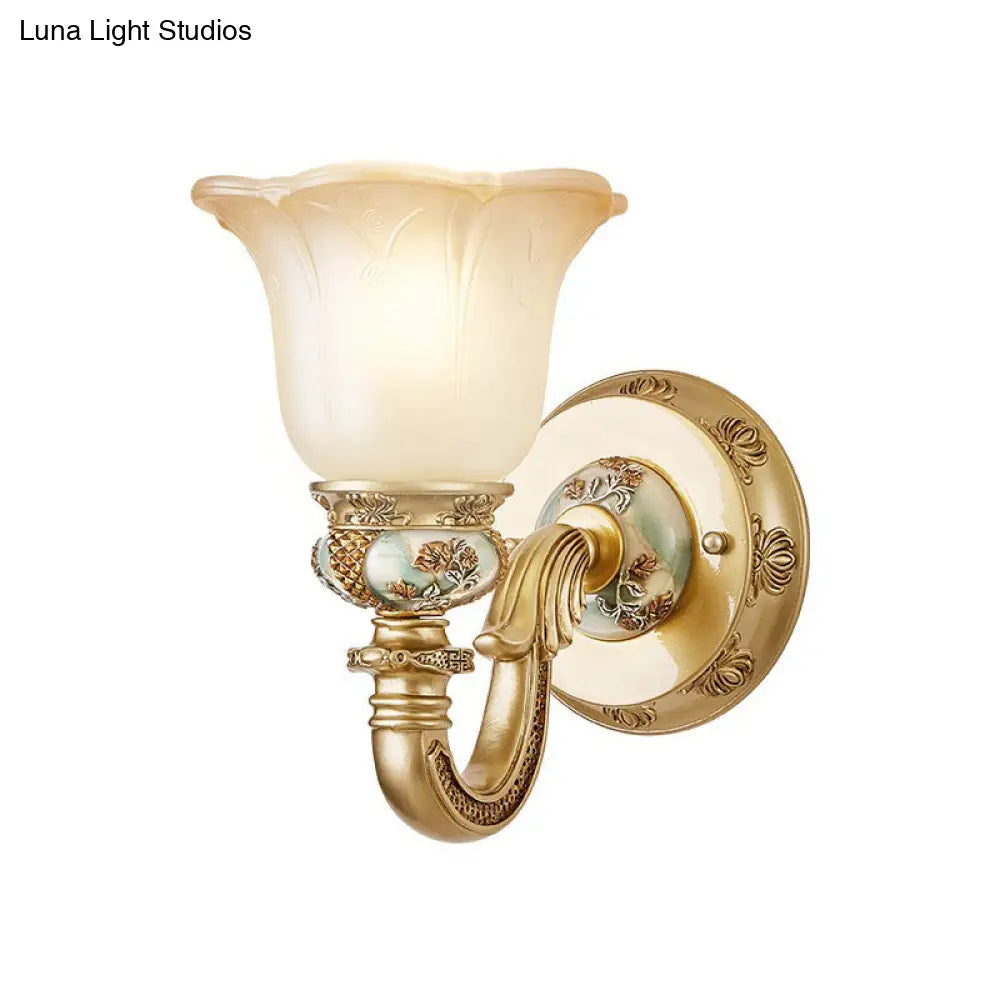 Traditional Gold Floral Wall Sconce With White Glass Bulb And Arched Arm - Dining Room Accent Light