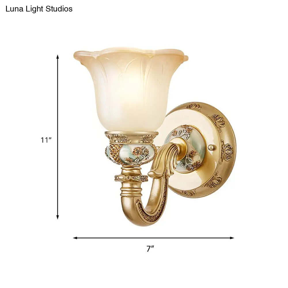 Traditional Gold Floral Wall Sconce With White Glass Bulb And Arched Arm - Dining Room Accent Light