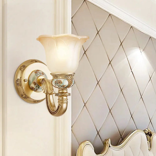 Traditional Gold Floral Wall Sconce With White Glass Bulb And Arched Arm - Dining Room Accent Light