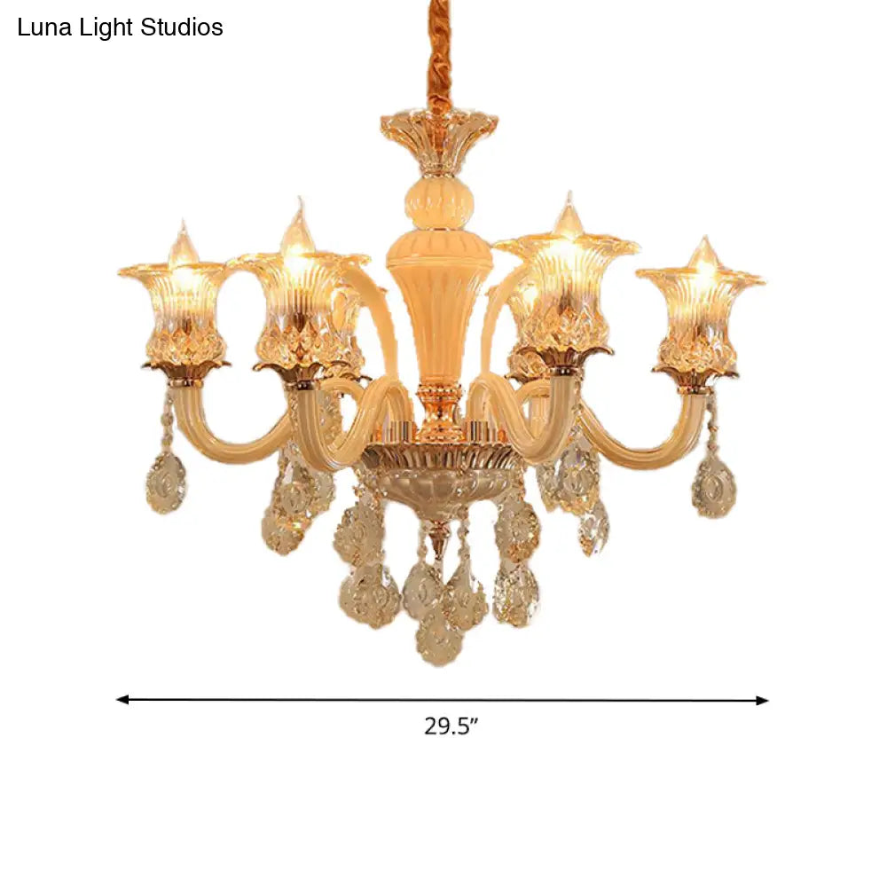 Traditional Gold Flower Chandelier Pendant Light With Clear K9 Crystal - 6/10 Heads Ideal For Living