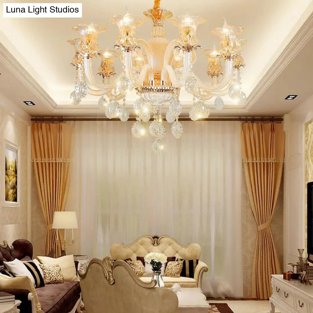 Traditional Gold Flower Chandelier Pendant Light With Clear K9 Crystal - 6/10 Heads Ideal For Living