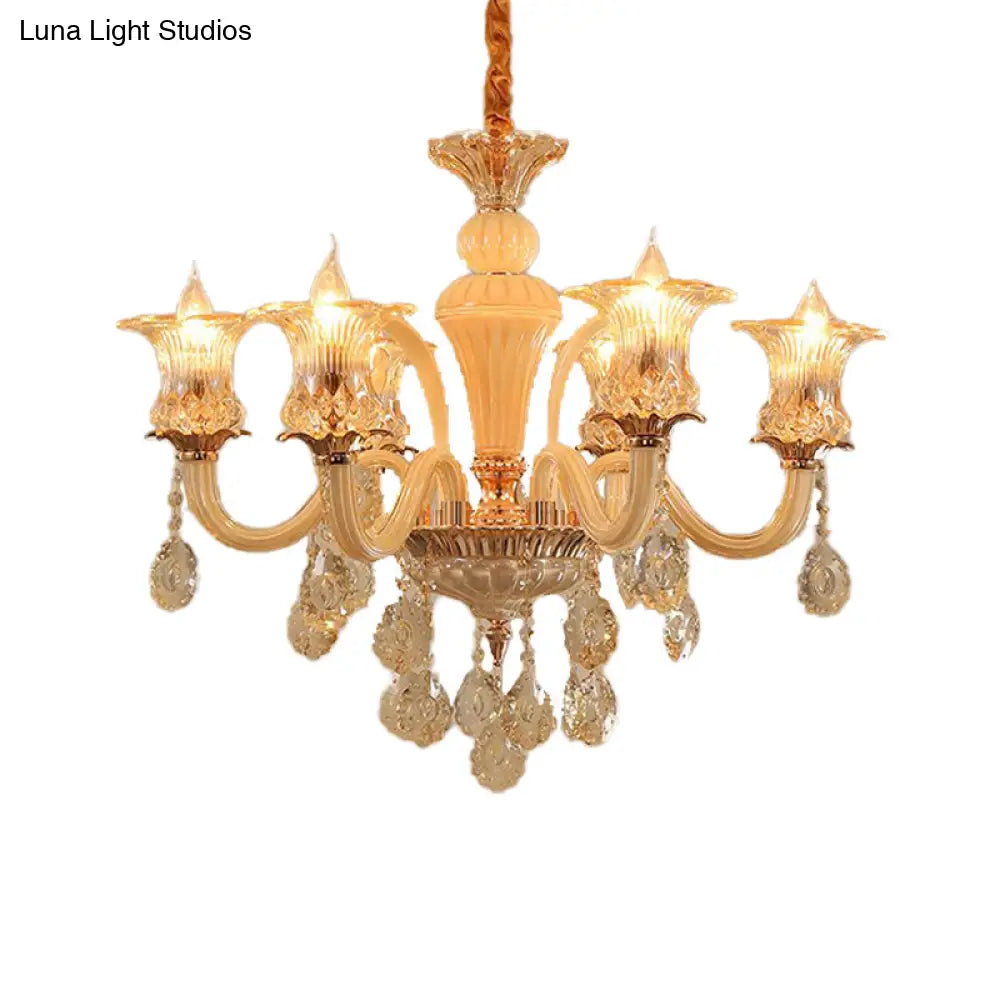 Traditional Gold Flower Chandelier Pendant Light With Clear K9 Crystal - 6/10 Heads Ideal For Living