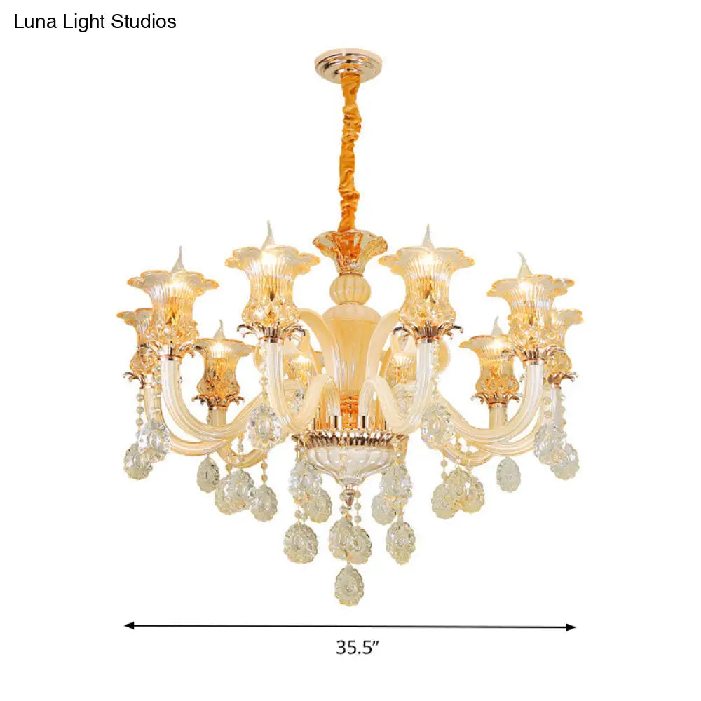 Traditional Gold Flower Chandelier Pendant Light With Clear K9 Crystal - 6/10 Heads Ideal For Living