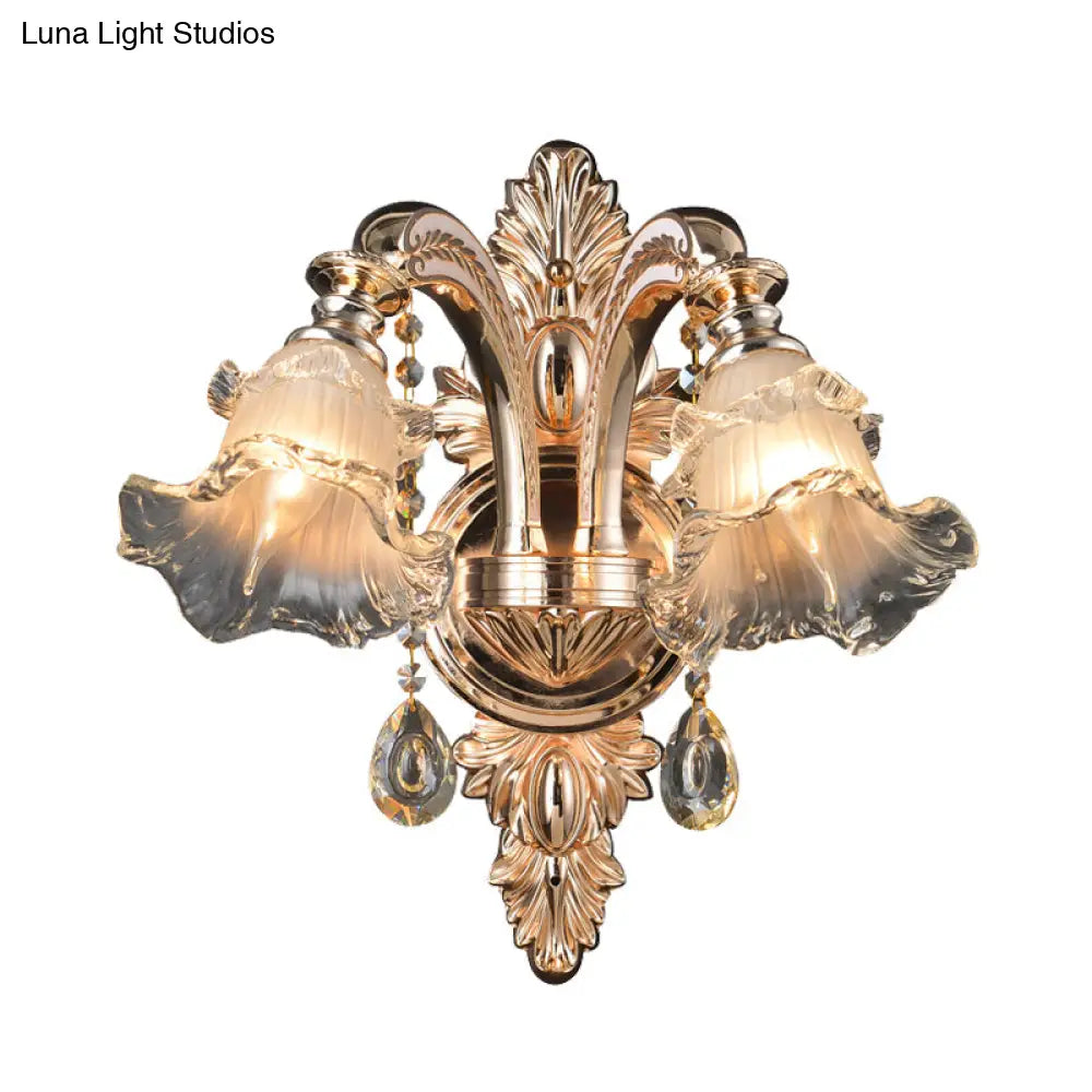 Traditional Gold Flower Crystal Sconce Elegant Wall Mounted Light For Living Room