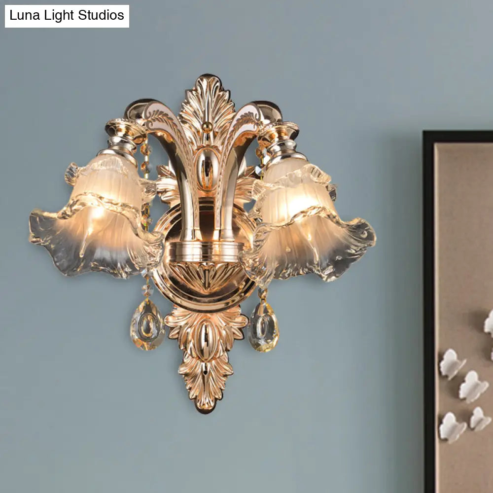 Traditional Gold Flower Crystal Sconce Elegant Wall Mounted Light For Living Room