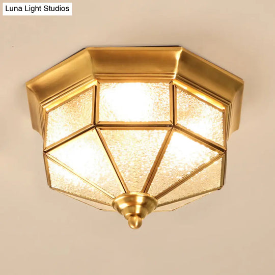 Traditional Gold Flush Mount Foyer Ceiling Light With Octagon Glass Shade - 3 Lights / Frosted