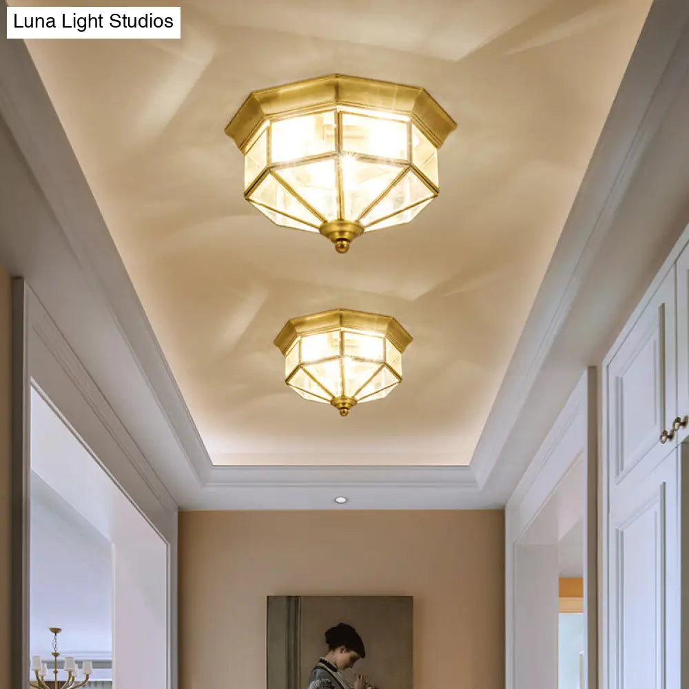 Traditional Gold Flush Mount Foyer Ceiling Light With Octagon Glass Shade - 3 Lights