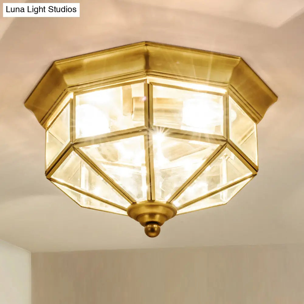 Traditional Gold Flush Mount Foyer Ceiling Light With Octagon Glass Shade - 3 Lights / Clear