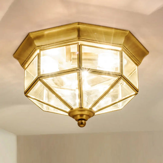 Traditional Gold Flush Mount Foyer Ceiling Light With Octagon Glass Shade - 3 Lights / Clear