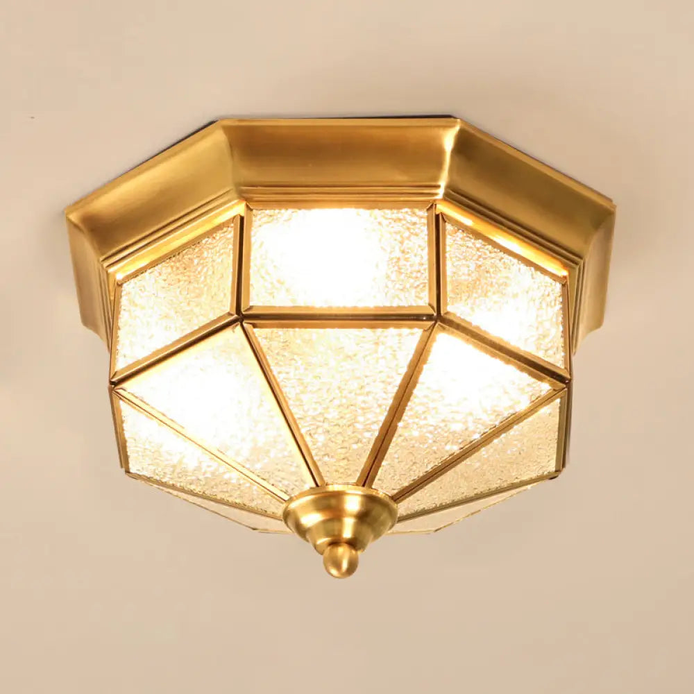 Traditional Gold Flush Mount Foyer Ceiling Light With Octagon Glass Shade - 3 Lights / Frosted