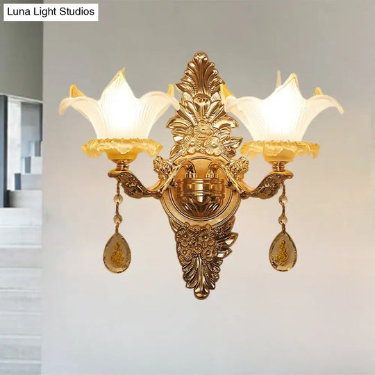 Traditional Gold Lily Wall Lamp With Ribbed Glass - Perfect Living Room Light