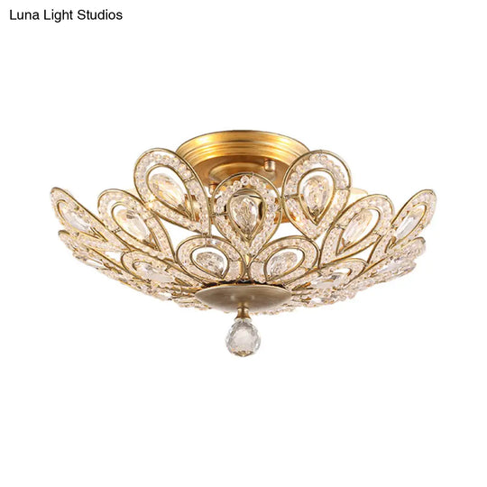 Traditional Gold Metal And Crystal Bowl Semi Flush Ceiling Light - 3 Lights