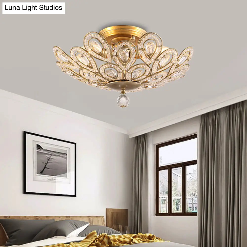 Traditional Gold Metal And Crystal Bowl Semi Flush Ceiling Light - 3 Lights