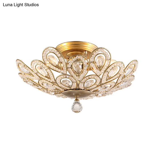 Traditional Gold Metal And Crystal Bowl Semi Flush Ceiling Light - 3 Lights