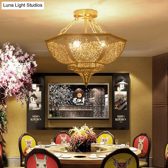 Traditional Gold Metal Semi Flush Mount Light - Bowl Dining Room Ceiling Fixture