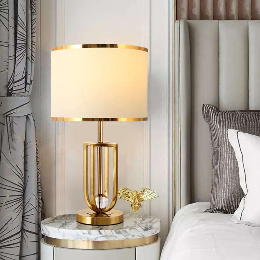 Traditional Gold Metal Table Lamp With Intersected Frame And White Fabric Shade