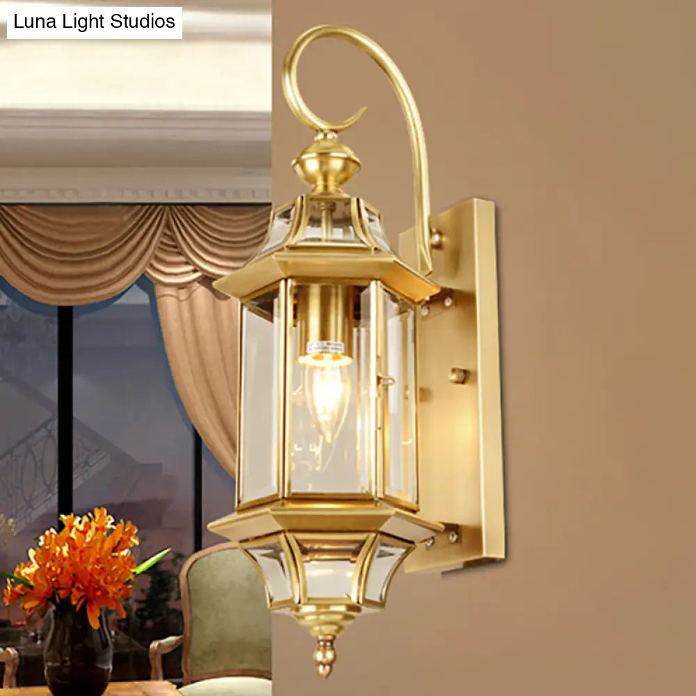 Traditional Gold Metal Wall Lamp With Clear Glass Shade For Living Room