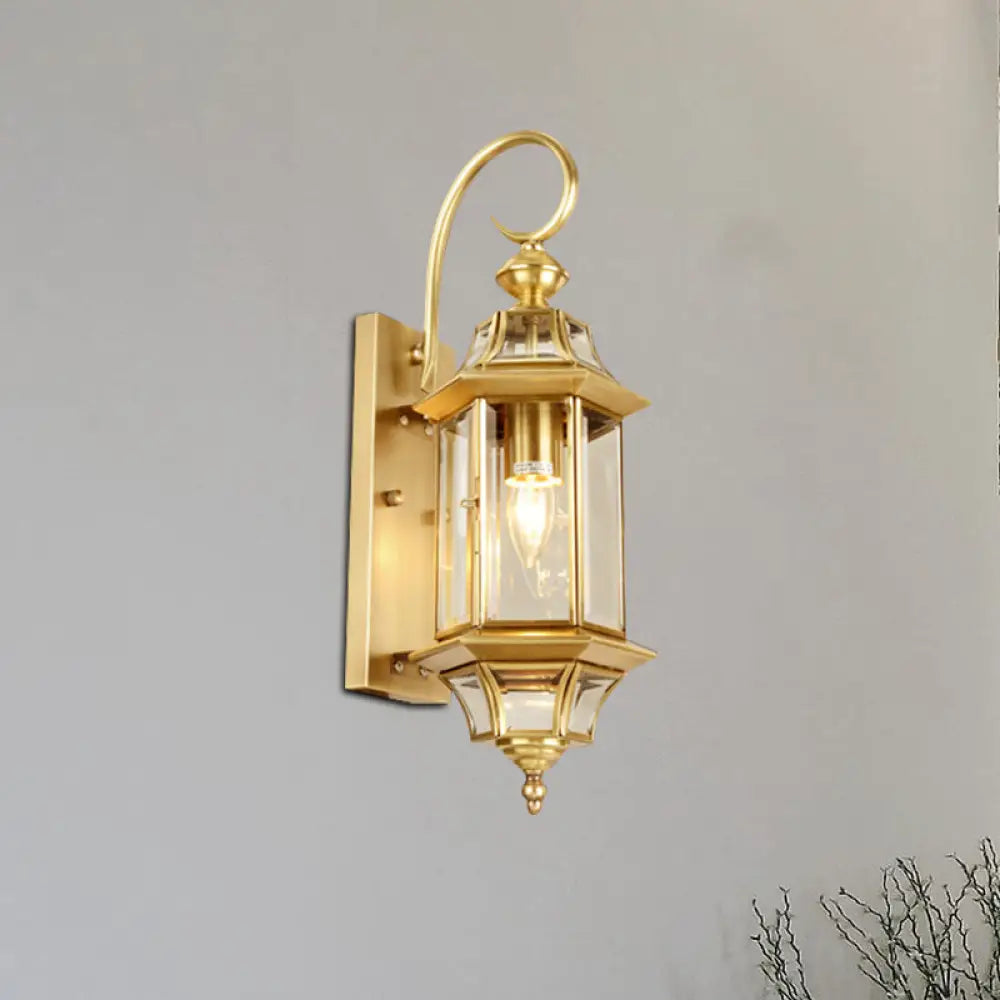 Traditional Gold Metal Wall Lamp With Clear Glass Shade For Living Room