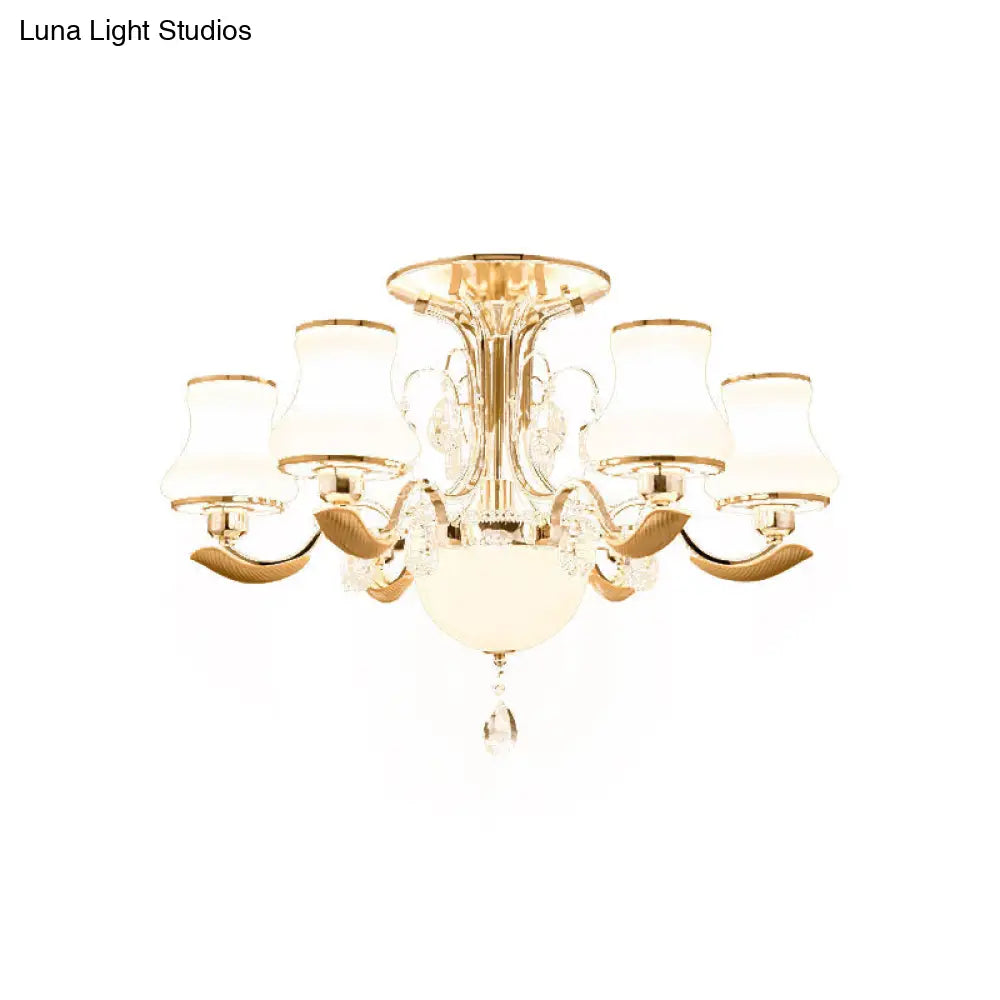 Traditional Gold Pear Shaped Bedroom Ceiling Light With Milk Glass Semi Mount - 3/6 Bulbs